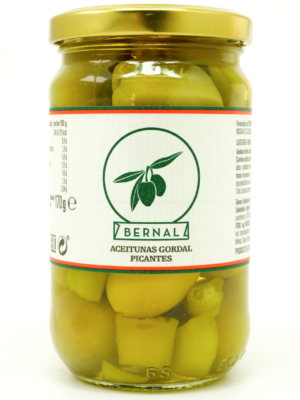 Gordal Oliven Picantes (med chili) 300gr - Hvit flaske – autentiske spanske oliven fra Bernal