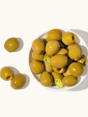 Gordal Oliven Picantes (med chili) 300gr - Hvit flaske – autentiske spanske oliven fra Bernal