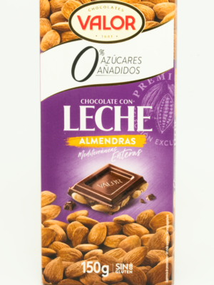 Melkesjokolade med hele mandler – uten tilsatt sukker – Valor (150g) – spansk premium sjokolade fra Valor