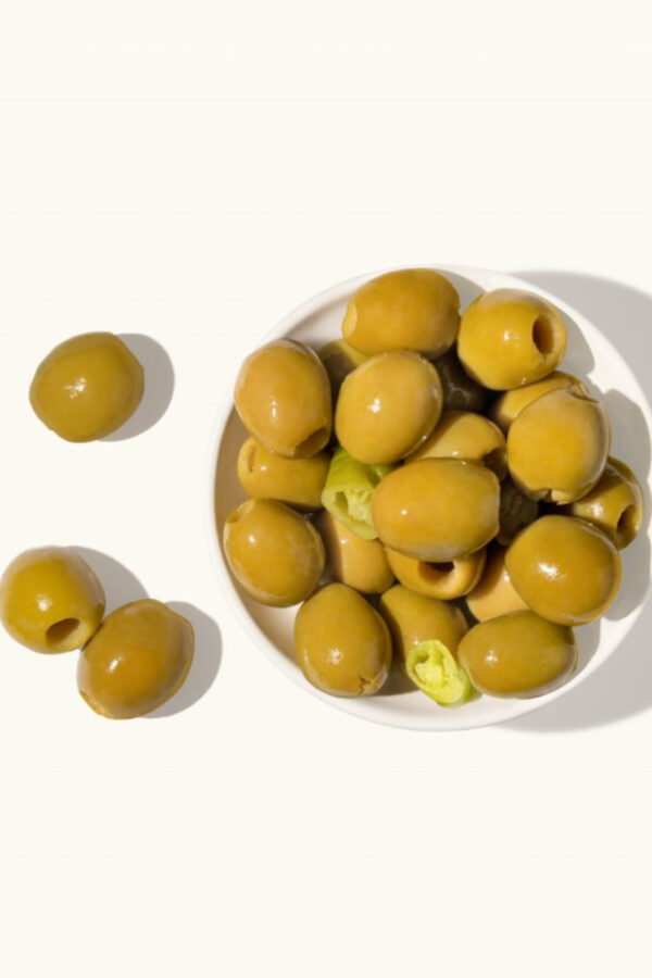 Gordal Oliven Picantes (med chili) 300gr - Hvit flaske – autentiske spanske oliven fra Bernal