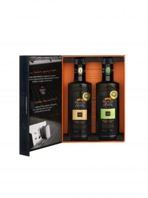 Palacio de Los Olivos DÚO EVOO gaveeske – Picual & Arbequina, 2×250 ml per eske (500 ml)